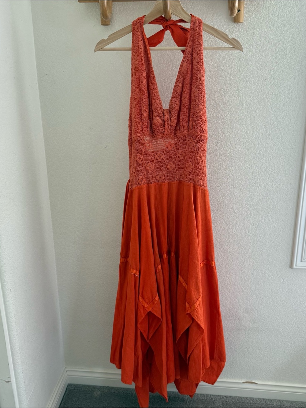 Vintage boho hippie festival earthy crochet Boho terracotta Halter dress size L